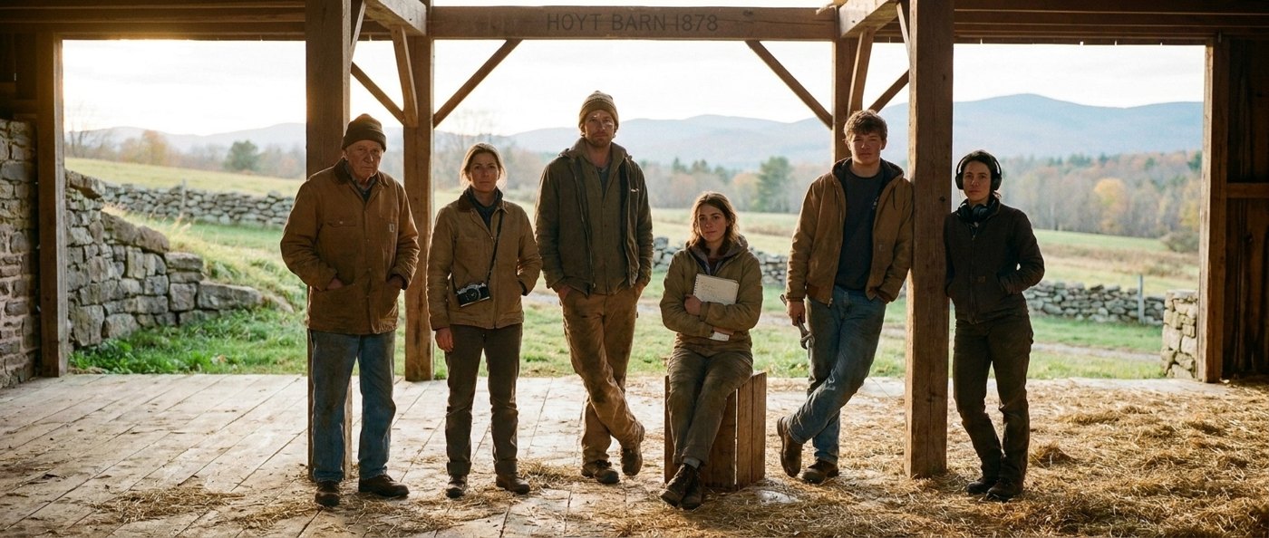 Six people in work clothes standing in the open bay of a timber barn, HOYT BARN 1878 lettered on the beam above them, hills and stone walls behind.