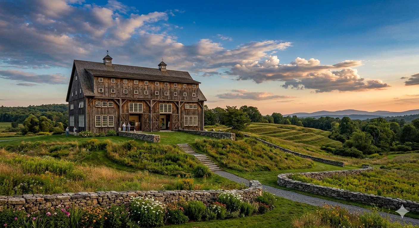 A weathered timber barn on a rise at golden hour, its big doors open and lit from inside, stone walls and wildflowers in front, hills behind.